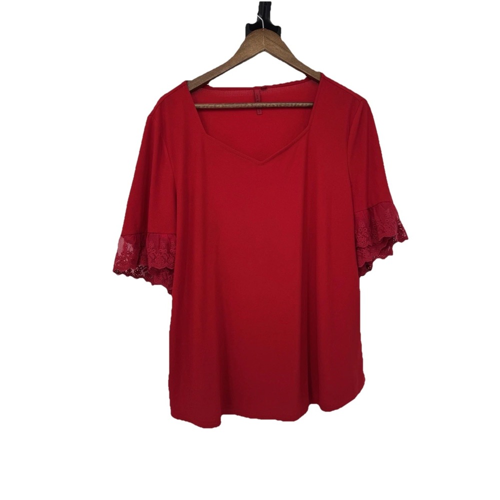 Red V Neck Shirt Lace Ruffle Sleeve SoftStretch Feminine Romantic Valentine